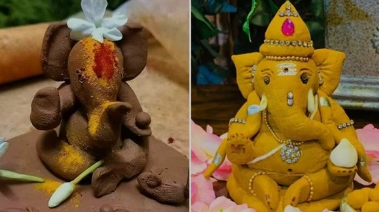 Eco Friendly Ganpati idols made from natural clay and turmeric, decorated with flowers and traditional ornaments