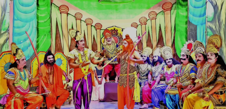 Artists performing a traditional Ramleela stage play in Nashik, depicting scenes from the Ramayana during festive celebrations.