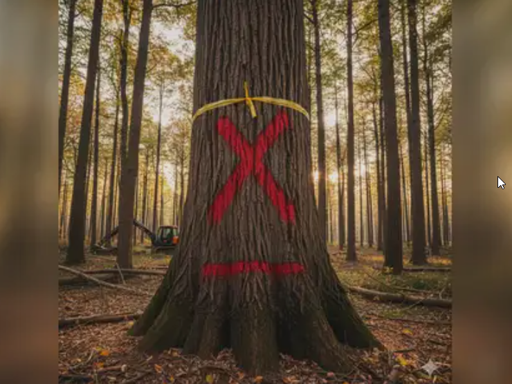 “Tapovan Tree Cutting symbolized by a large tree marked with a red X for removal inside a dense forest, indicating planned deforestation