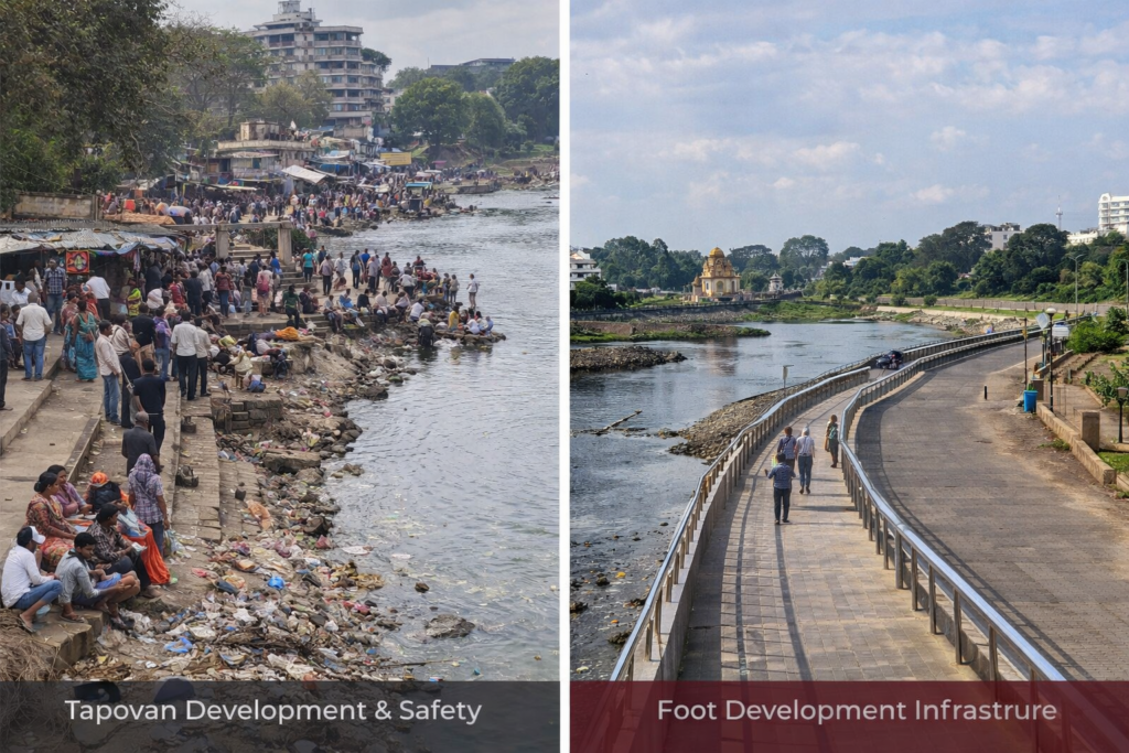 Tapovan Development Debate Nashik – comparison of overcrowded riverbank area and a planned walkway highlighting crowd safety and infrastructure management.